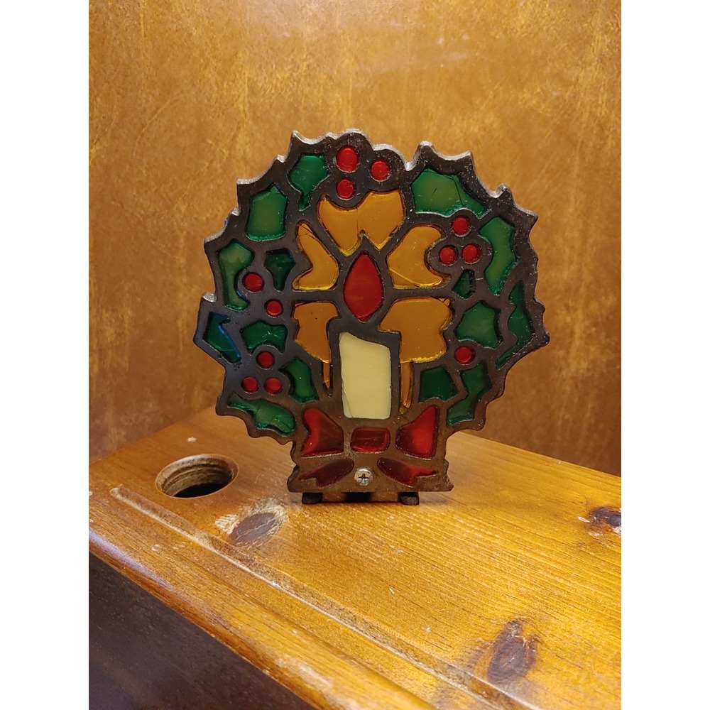Vintage Stained Glass & Cast-Iron Christmas Tea Light Candle Holder Festive